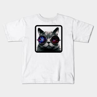 Cat with universe glasses Kids T-Shirt
